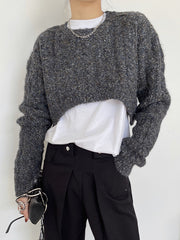 High Waist Short Round Neck Cable Sweater