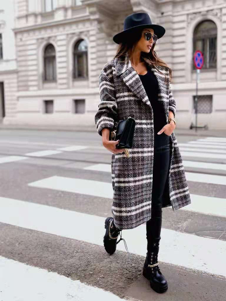 Classic Plaid Lapel Collar Midi Outerwear