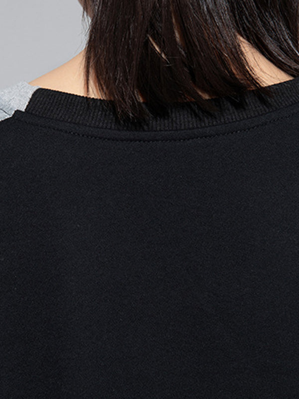 Casual Roomy Long Sleeves Contrast Color Split-Joint Zipper Round-Neck Sweatshirt Tops