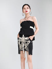 Women Contrast Drawstring Strap Skirt