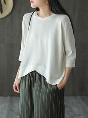 Solid Color Loose Round Neck Cropped T-Shirt