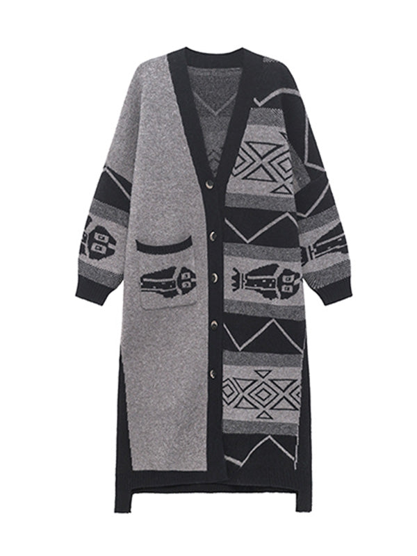 Urban Roomy Knitting Asymmetric Jacquard Cardigan Coat