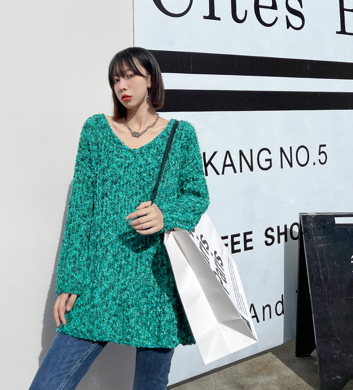 Loose V-Neck Long Sleeve Solid Color Knitted Sweater