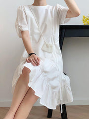 White Drawstring Pleated Puff Sleeve Dress