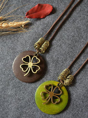 Vintage Wood Four Leaf Clover Necklace