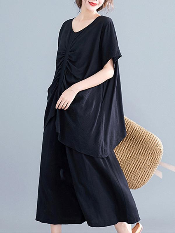 Two-Pieces Solid Pleated Cropped T-Shirt And Wide Leg Pants Suits