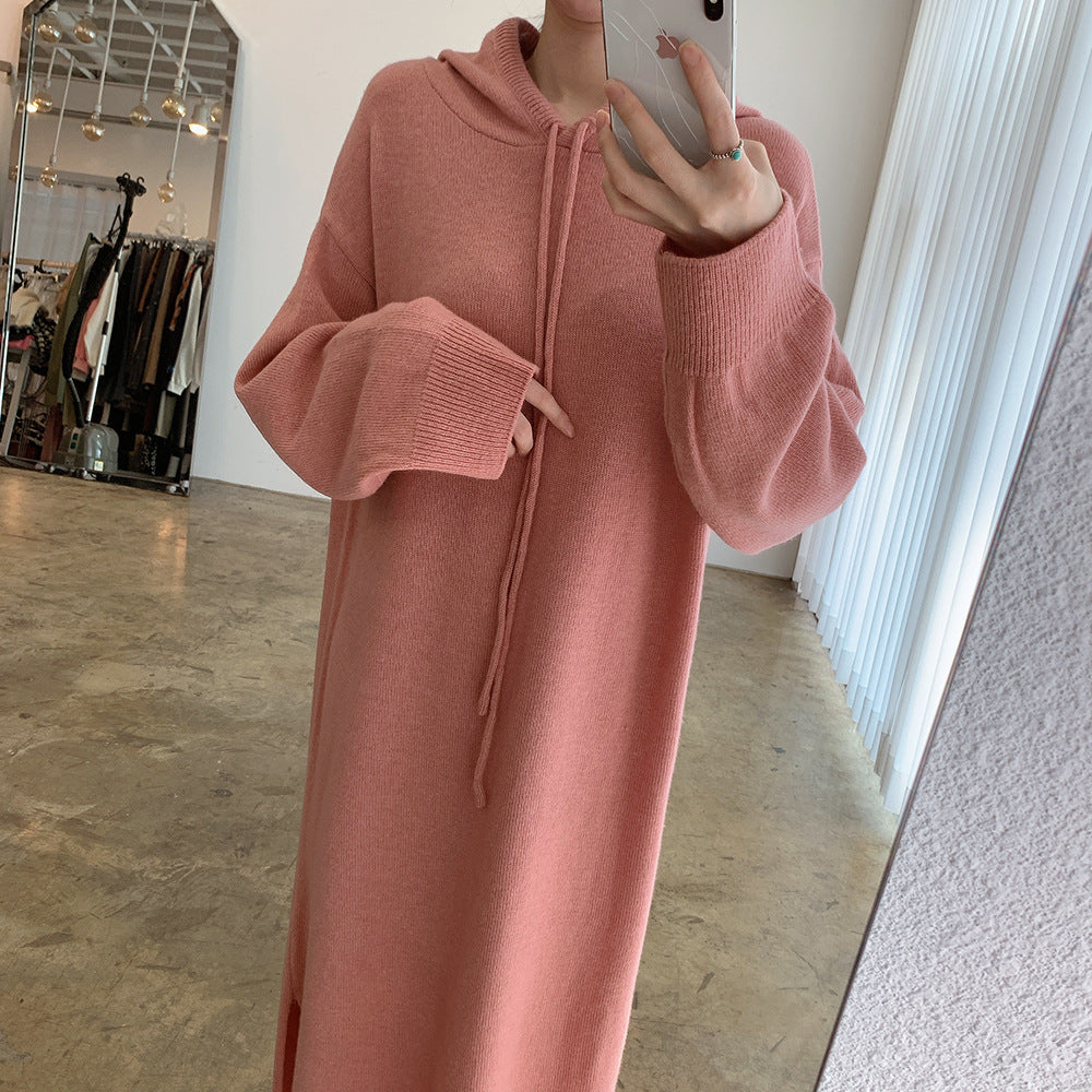 Loose Solid Knitted Split Hooded Midi Dress