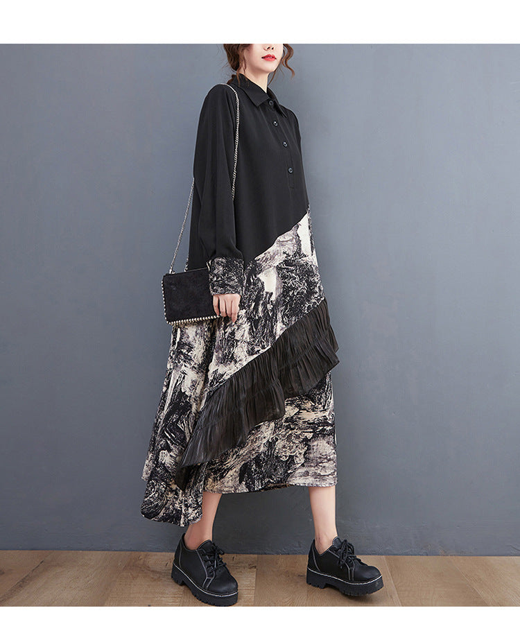 Loose Print Patchwork Shirt Midi Dress