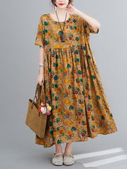 Artistic Retro Floral Round-Neck Dress