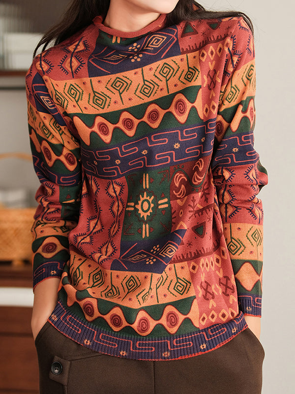 Loose Color Blocking Print Sweater