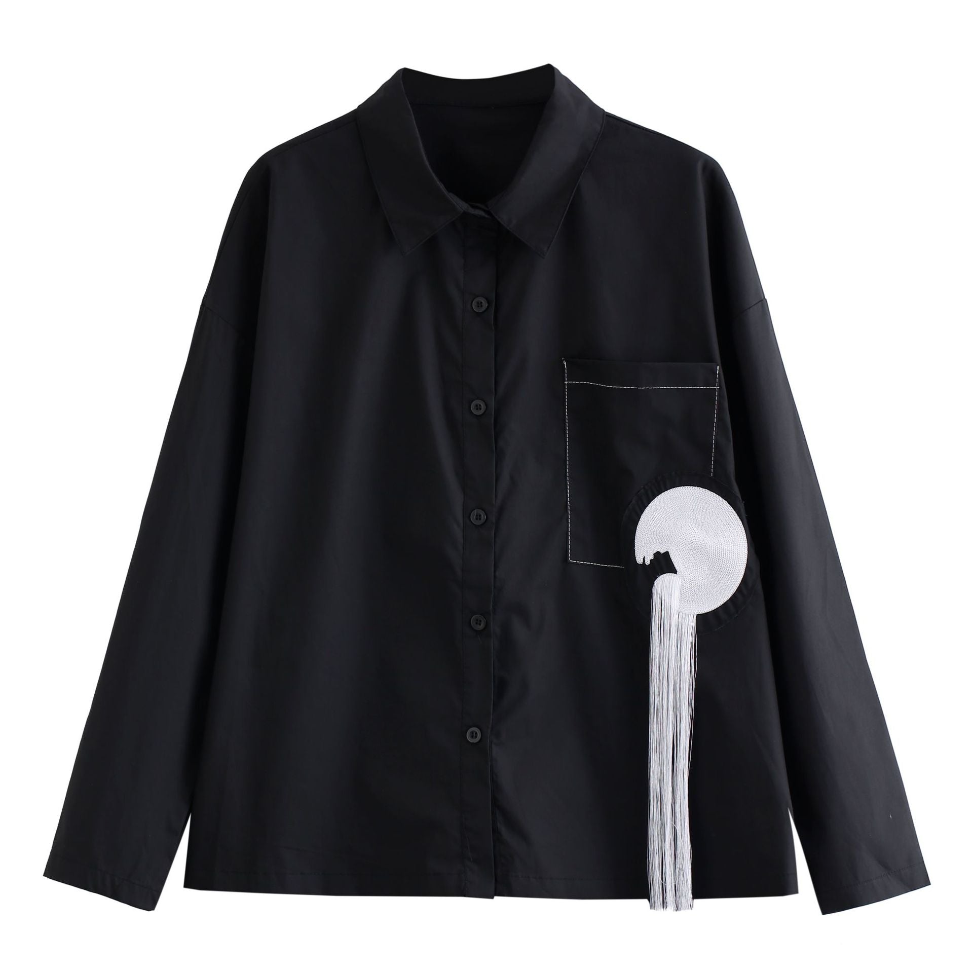 Loose Long Sleeve Shirt With Embroidered Tassels