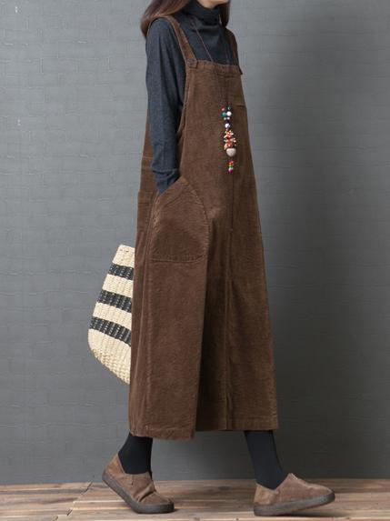 Casual Corduroy Long Suspender Skirt