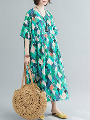 Loose Rhombus Print V-Neck Dress