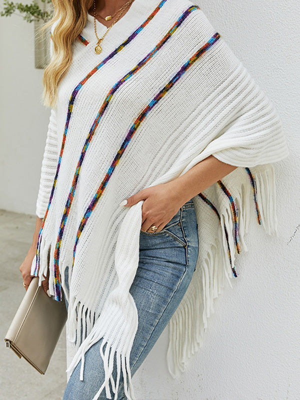 Colorful Tassel Knitted Round-Neck Shawl Sweater