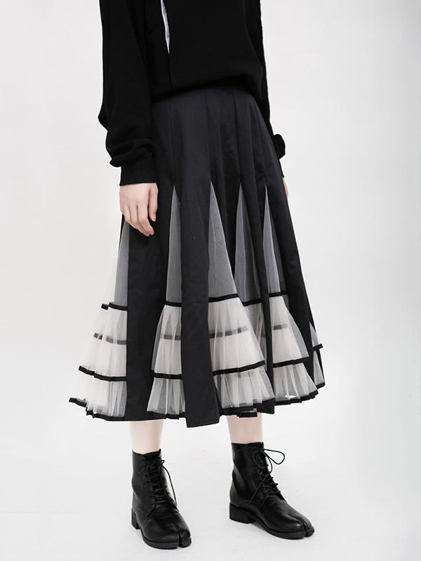 High-Rise Mesh Lace Pleated Skirt