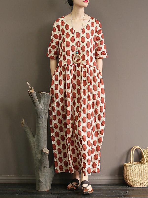 Loose Polka Dot Printed V-neck Long Dress