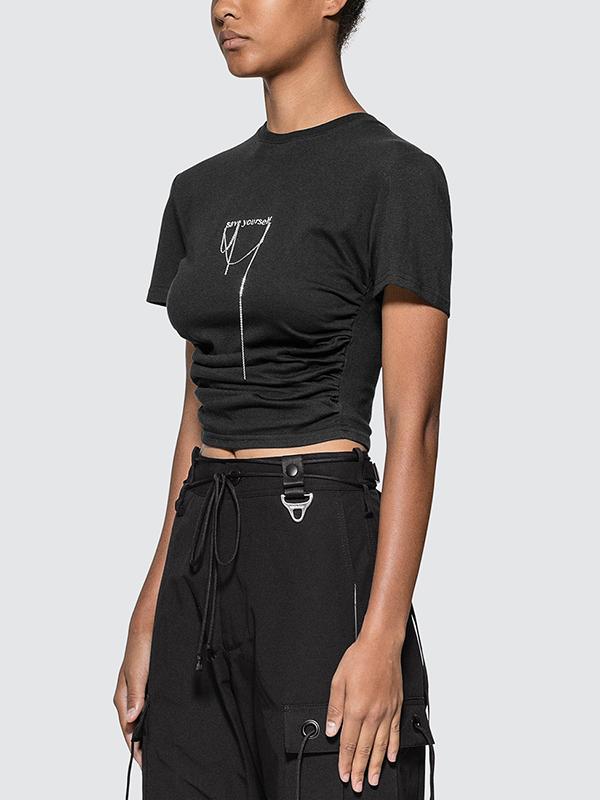 Letter Embroidered Chain Pleated T-Shirt