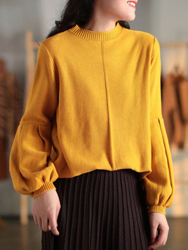 Women Solid Color Retro Loose Round Neck Sweater