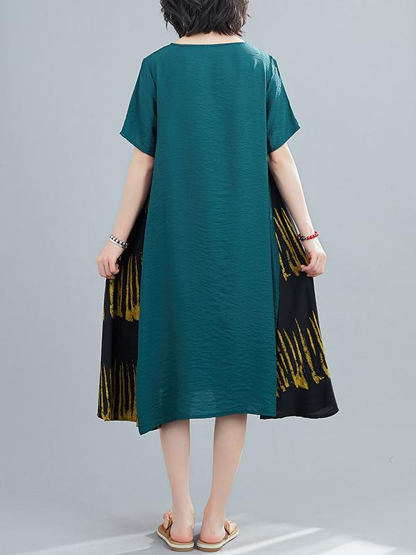 Loose Round Neck Printed Splicing Dress