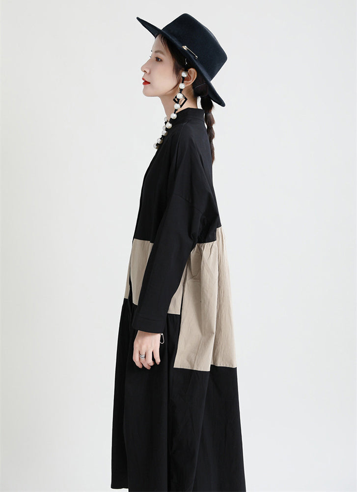 Stitching Contrast Color Loose Big Swing Long Sleeve Dress