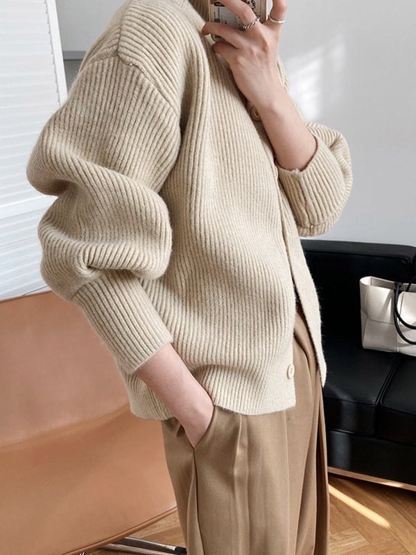 Women Lapel Solid Color Casual Sweater