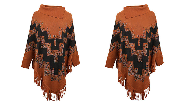 Loose Tassel Abstract Printed Knitted Shawl Sweater