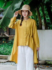 Linen Solid Cropped Long Sleeves Blouse