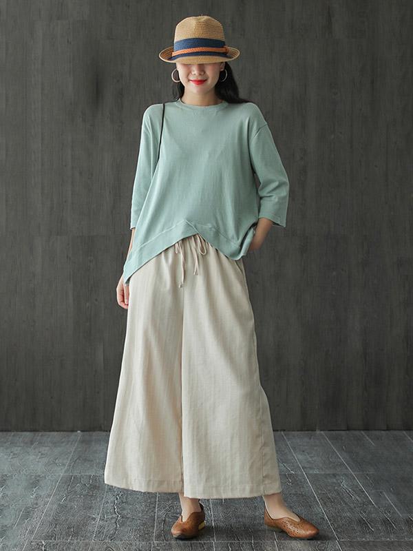 Solid Color Loose Round Neck Cropped T-Shirt