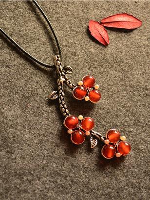 National Branch&Cherry Ramie Cloths Matching Necklace