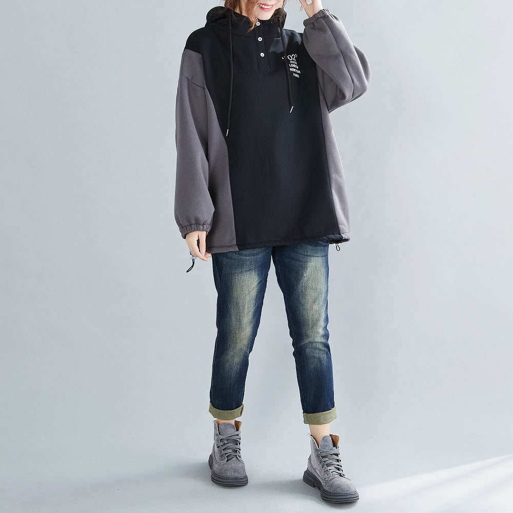 Women Thick Hooded Color Matching Casual Sweatshirt