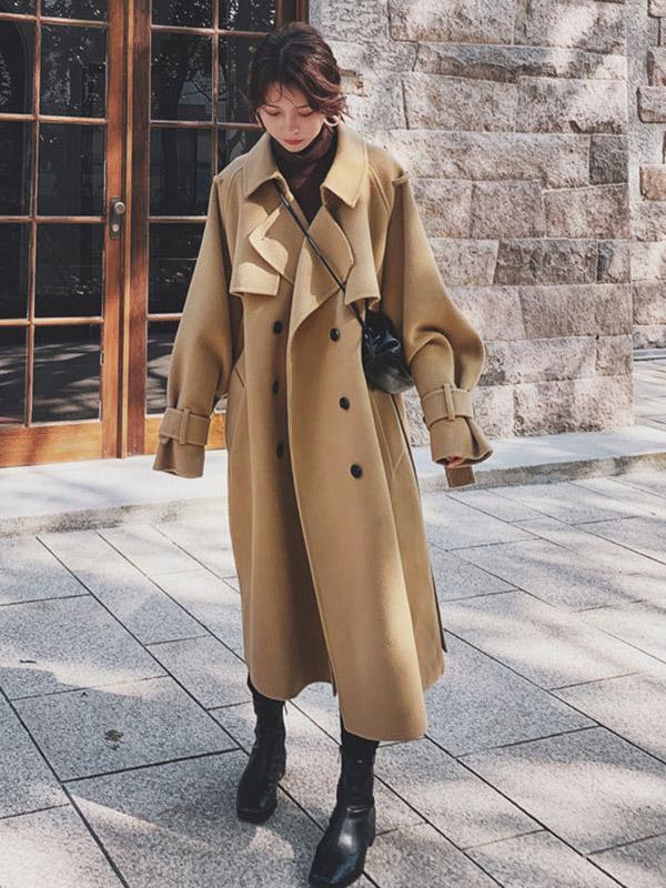 Solid Color Loose Wool Lapel Long Coat