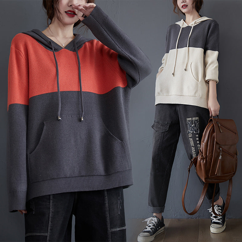 Hooded Color-Block Loose Sweater