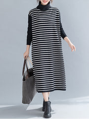 High-Neck Striped  Casual Midi Dress