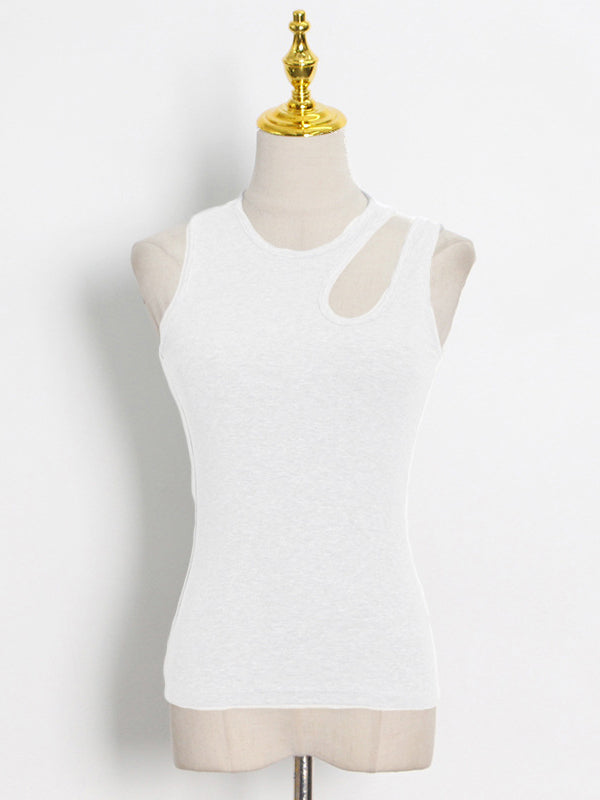 Casual Sleeveless Skinny Hollow Pure Color Round-Neck Vest Top