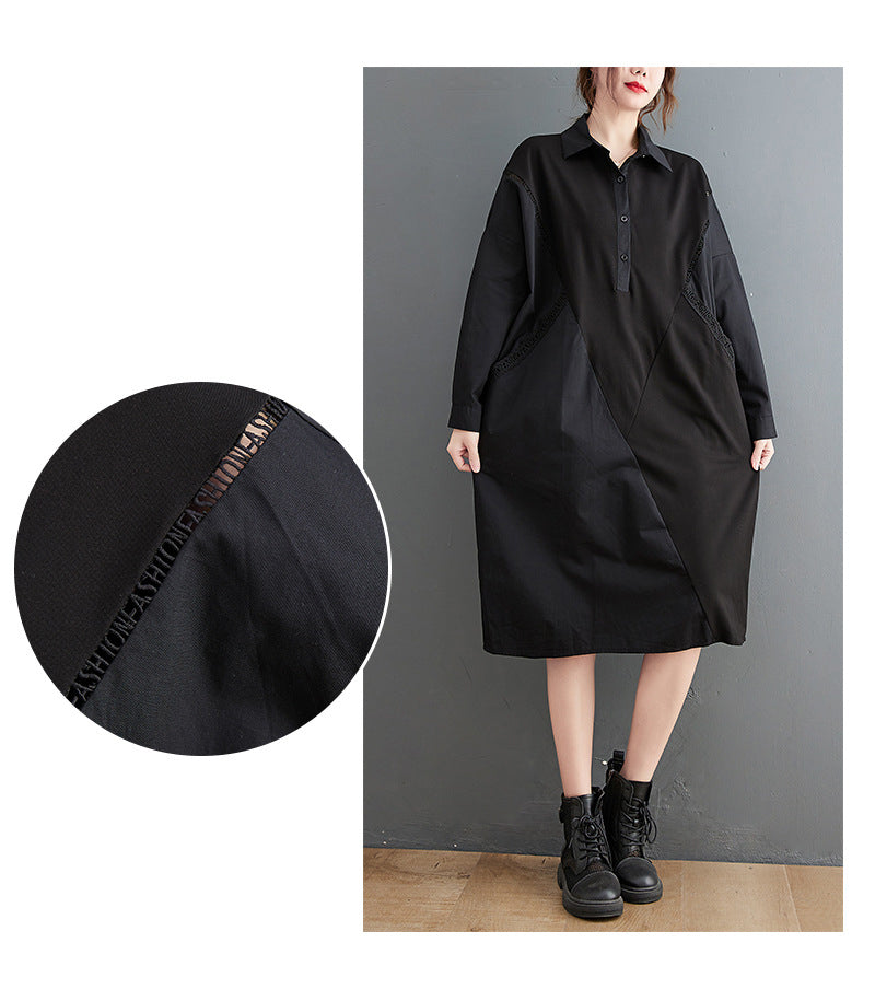 Solid Color Stitching Long-Sleeved Shirt Midi Dress