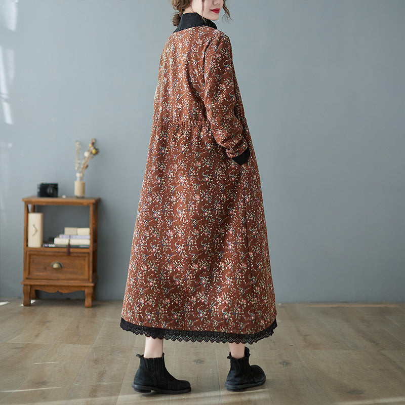 Patchwork Collar Floral Lace-Up Long Midi Dress