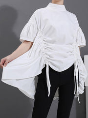 Loose Drawstring Lace-Up Short Sleeve Stand Collar Shirt