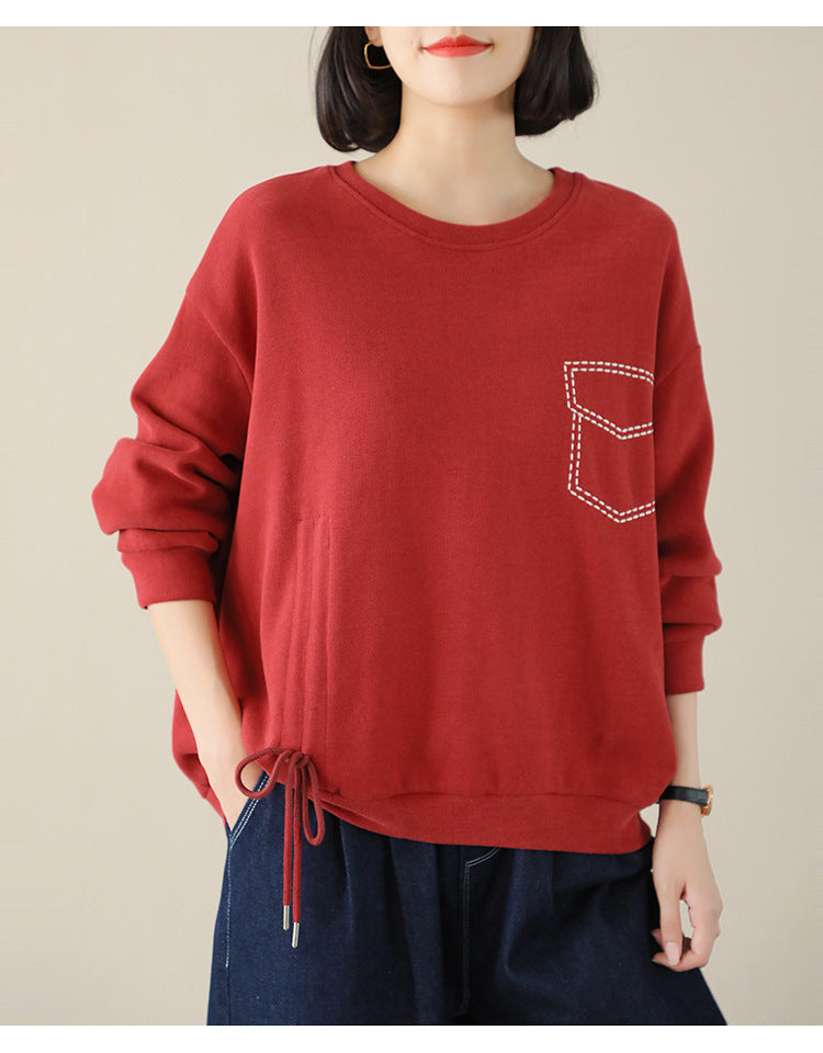 Loose Solid Color Drawstring Sweatshirt