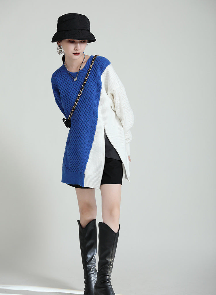 Simple Loose Color-Block Zipper Knitted Sweater