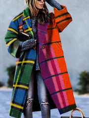 Casual Color Block Plaid Midi Outerwear