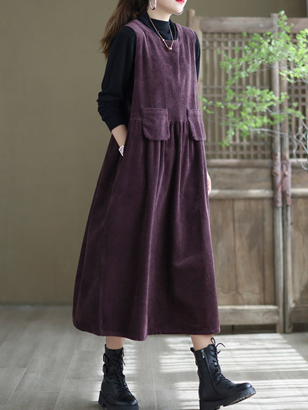 Round Neck Solid Loose Corduroy Midi Dress
