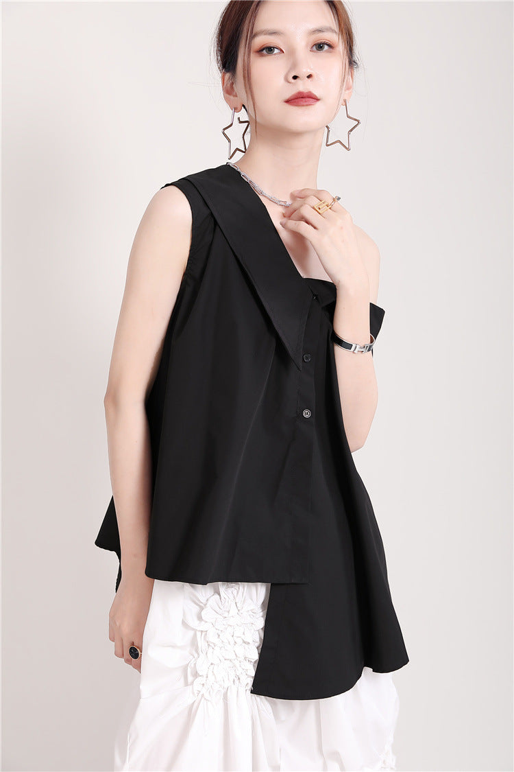 Women Lace Up Big Bow Irregular Slanted Shoulder Shirt