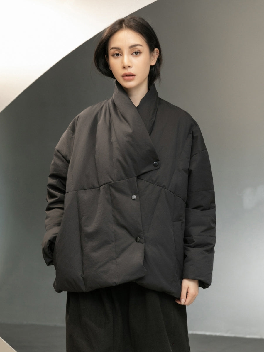 Simple Black Retro Irregular Down Jacket