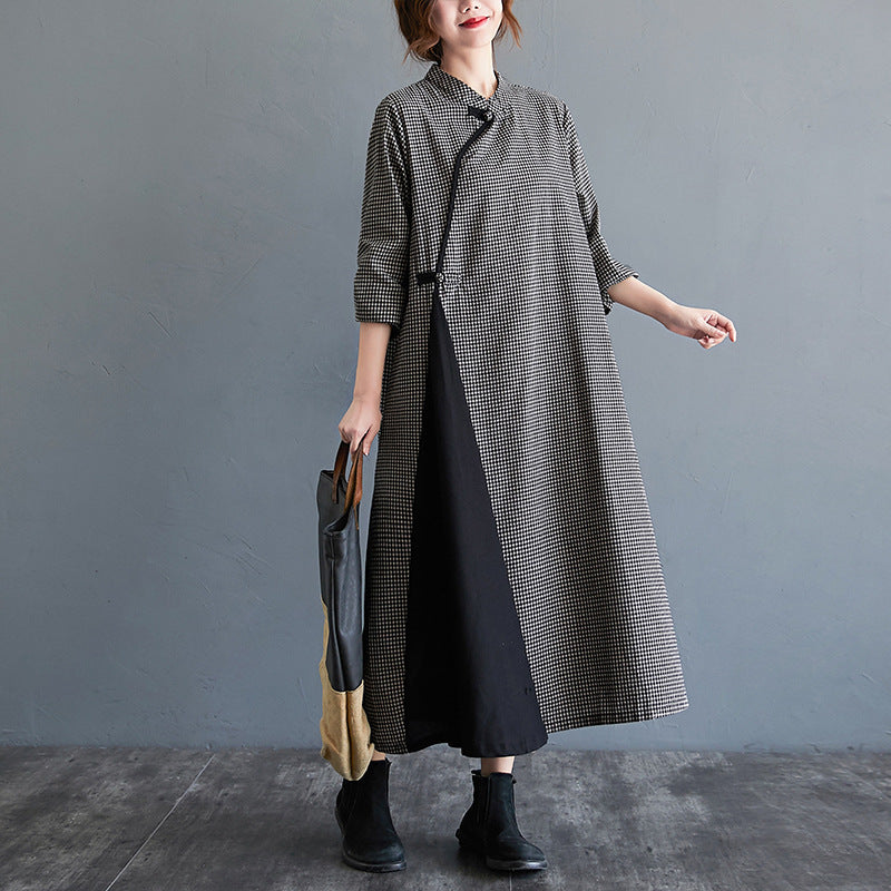 Loose Solid Color Half-Sleeve Cheongsam Midi Dress