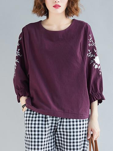 4 Colors Ramie Cotton Embroidered Puff Sleeves T-shirt