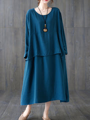 Loose Solid Color Round Neck Midi Dress