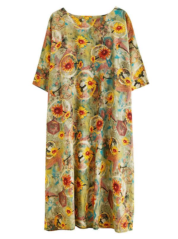 Artistic Retro Floral Round-Neck Dress