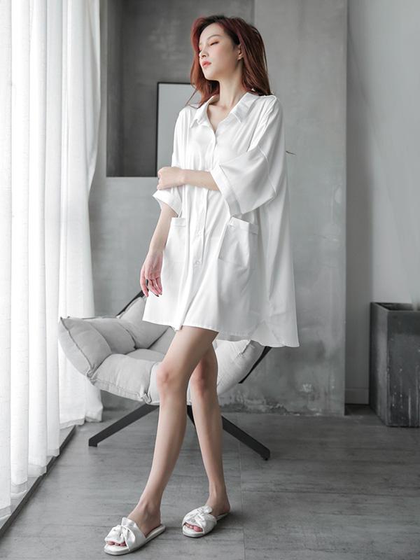 White&Pink Lace-V-Back Silk Imitation Shirt Pajamas