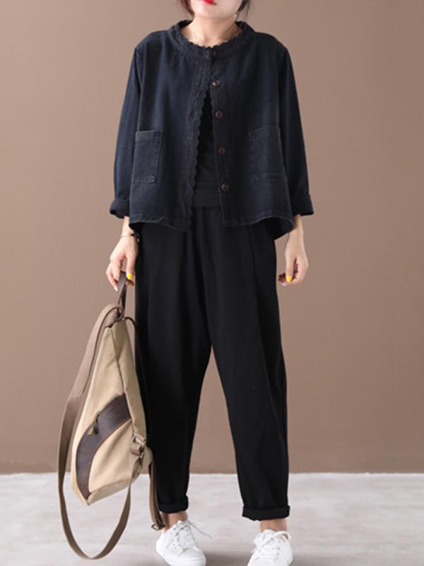 Loose Solid Split-joint Lace Denim Outwears