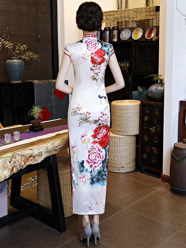 Elegant White Peony Print Long Cheongsam Dress